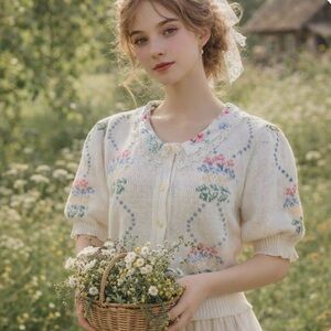 Vintage 90’s Sweater Loft Puffed Sleeve Cardigan S Cottagecore Feminine Romantic